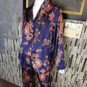 Valerie Stevens Pajamas Set Womens L Blue Satin Floral Pull On Pants Lounge 441